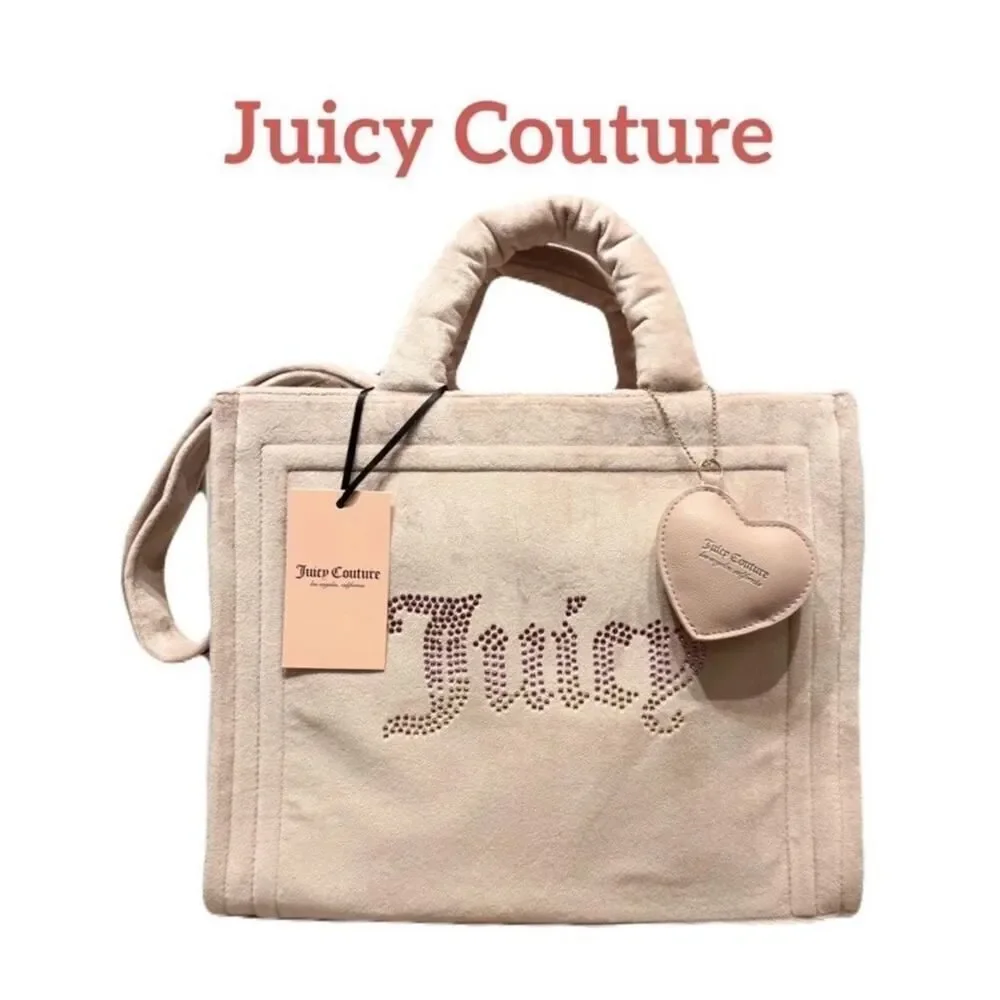 NWT Juicy Couture Velour Tote Bag Pink Rhinestone Logo Y2K Shoulder Purse